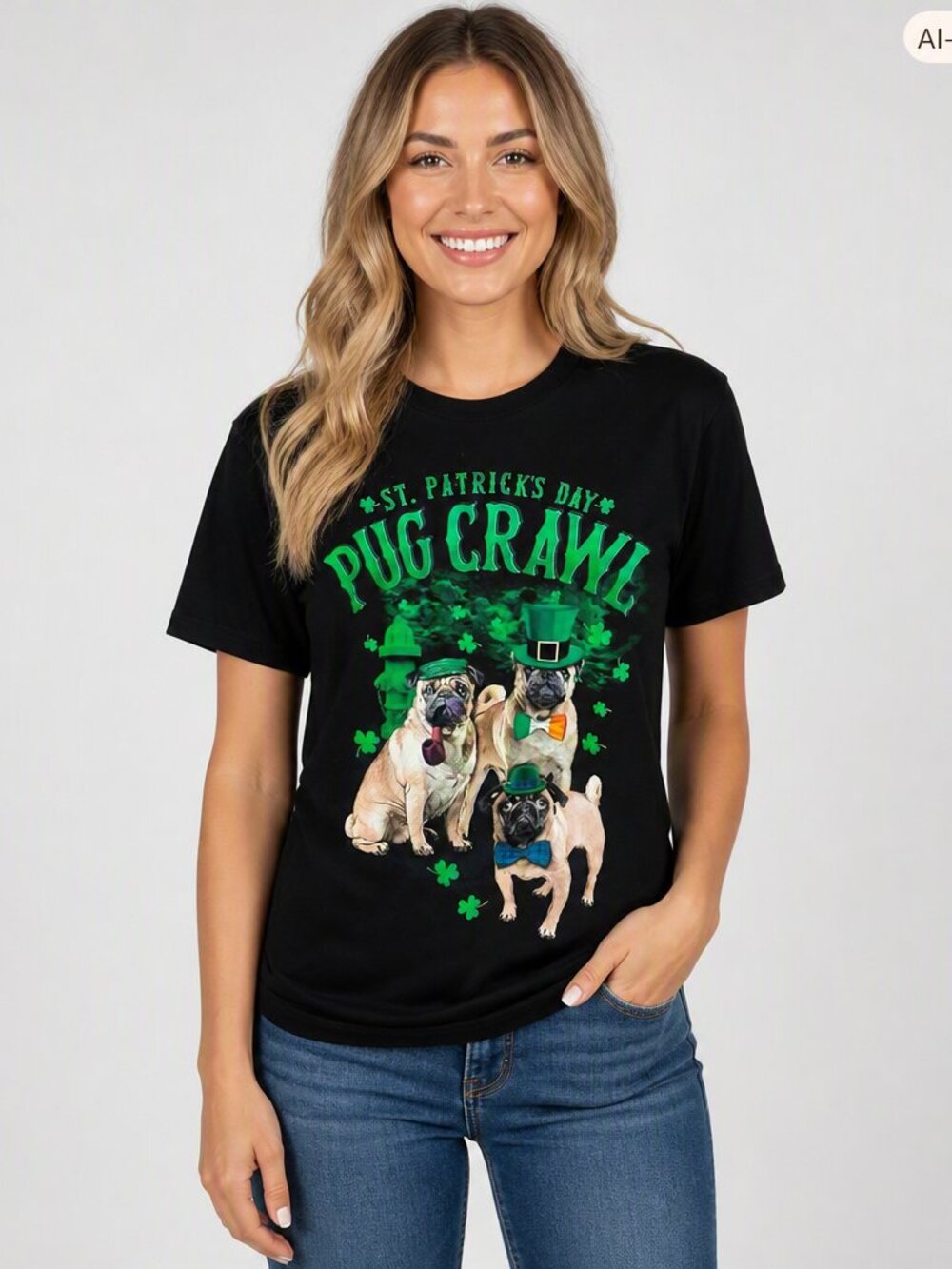 Funny Pug Crawl St. Patrick’s Day Tee M  Irish Dog Lover Shirt Shamrock Graphic